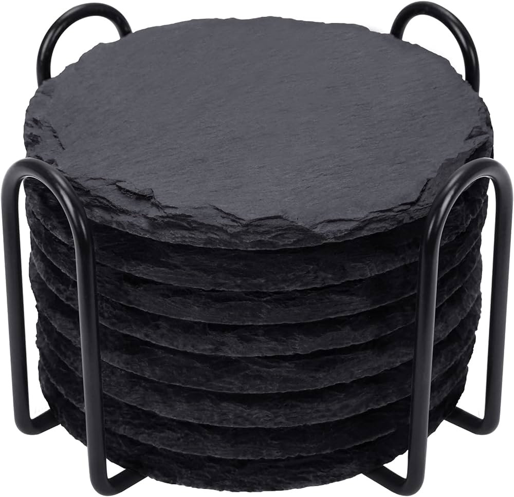 Slate Drink Coasters with Metal Holder, GOH DODD Set of 8 Black Coasters, 4 Inch Stone Coaster Se... | Amazon (US)