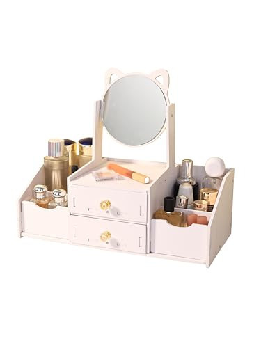 FINECLICK Makeup Organizer with Drawers & Mirror for Vanity Countertop, Dresser & Bedroom, Cosmetic Display Case for Skincare, Makeup, Jewelry, Nail Care, Lipstick etc (Round Mirror) | Amazon (US)