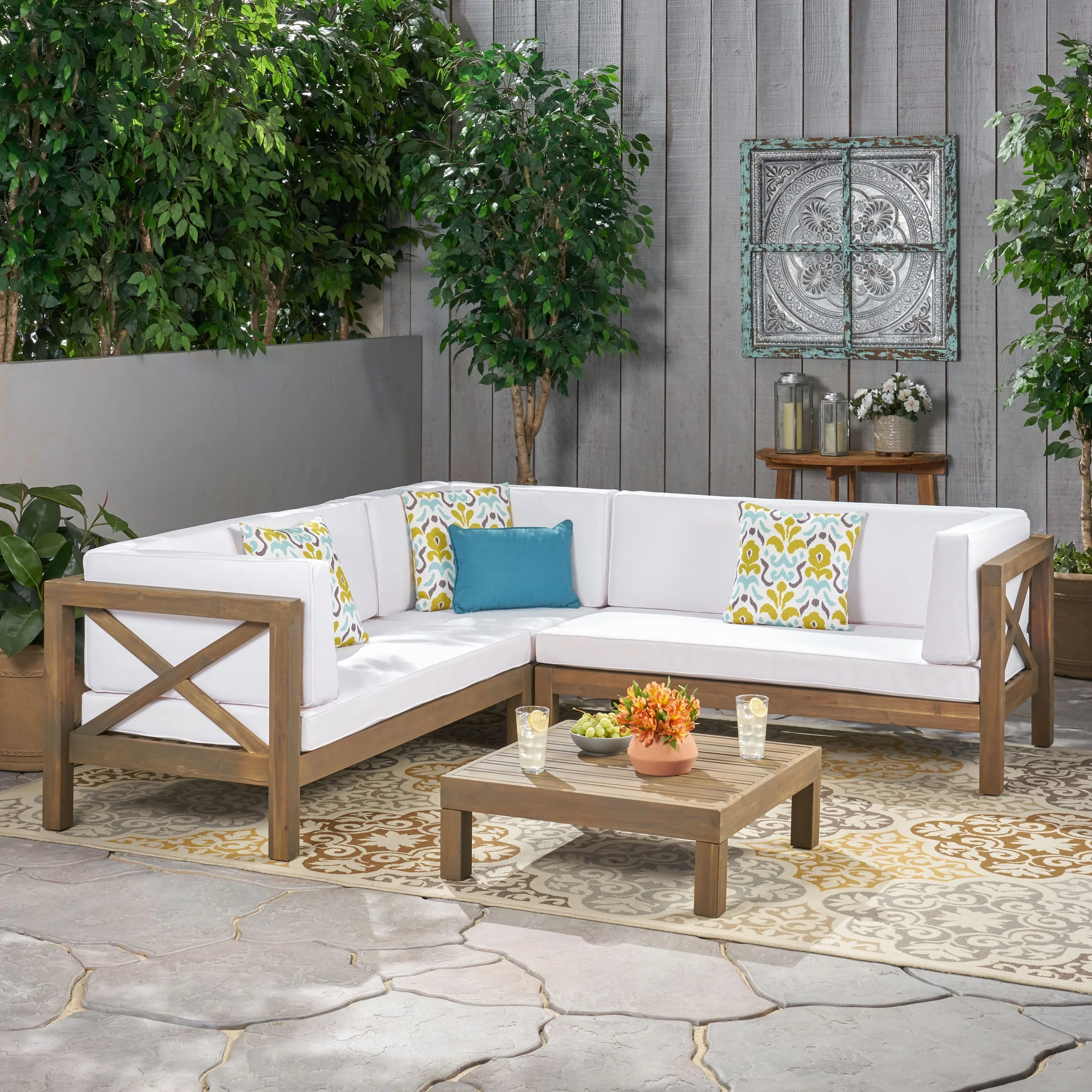 Beau 4 Piece Outdoor X-Back Wooden Sectional Set with Cushions, Gray, White | Walmart (US)