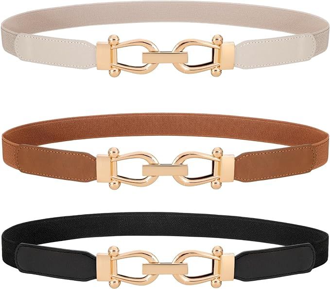 WERFORU 3 Pack Women Skinny Elastic Waist Belt Gold Buckle Stretchy Thin Belt for Jeans Dress | Amazon (US)