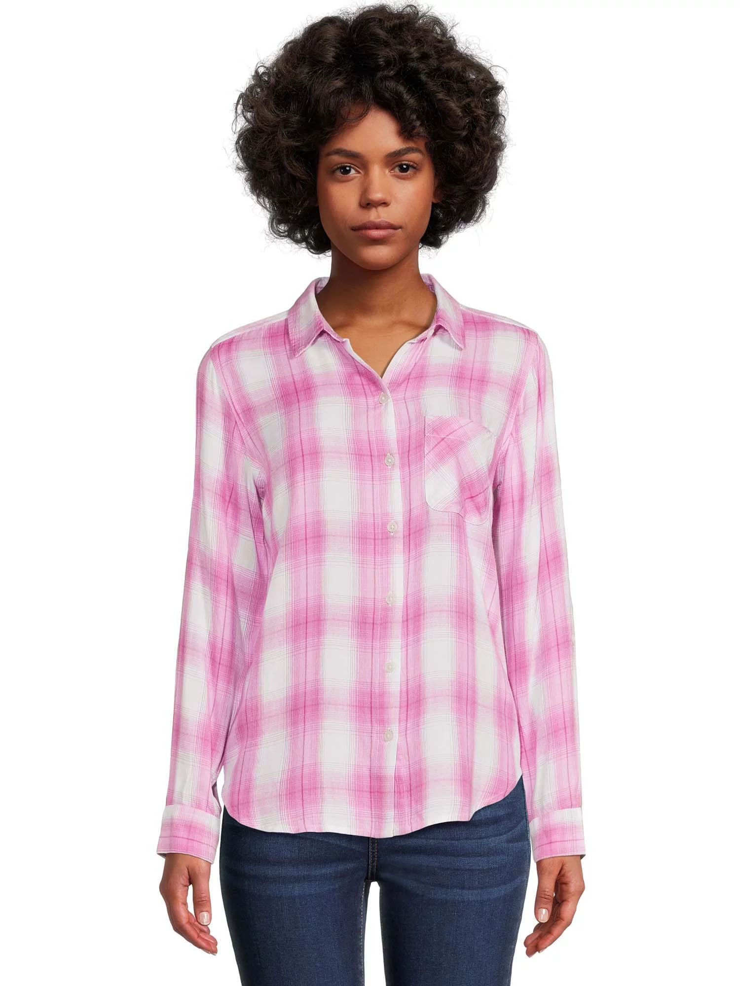 Time and Tru Women's Button Front Soft Shirt with Long Sleeves | Walmart (US)