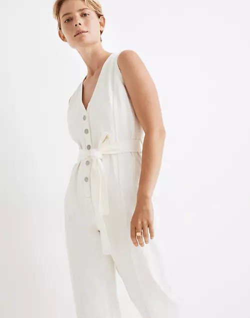 Denim Sleeveless Tie-Waist Jumpsuit in Tile White | Madewell