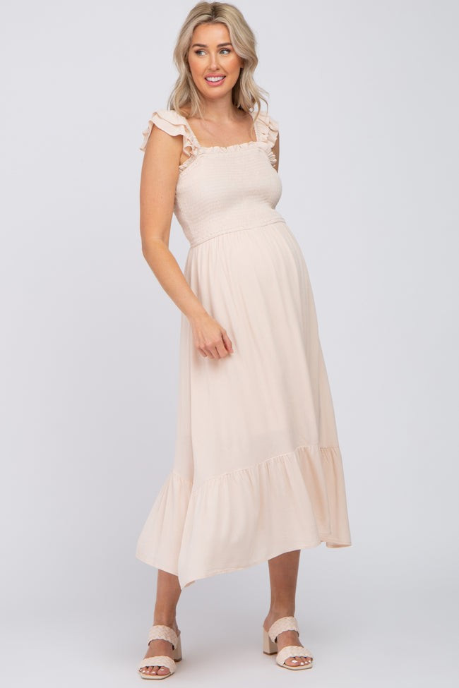 Beige Smocked Ruffle Accent Sleeveless Maternity Midi Dress | PinkBlush Maternity