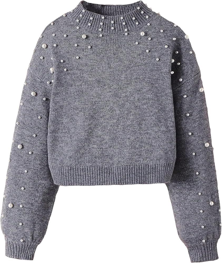 SHENHE Girl's Mock Neck Pearls Beaded Long Sleeve Casual Loose Sweater Jumper Top | Amazon (US)