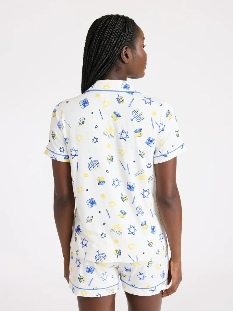 Joyspun Women’s Dreamy Soft Collection Notch Collar Knit Top and Boxer Shorts Pajama Set, Sizes... | Walmart (US)