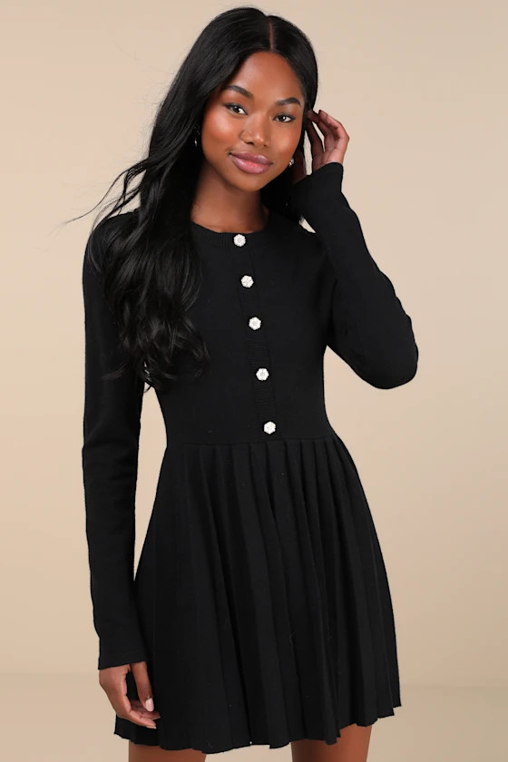 Beyond Sweet Black Pearl Pleated Mini Sweater Dress | Lulus
