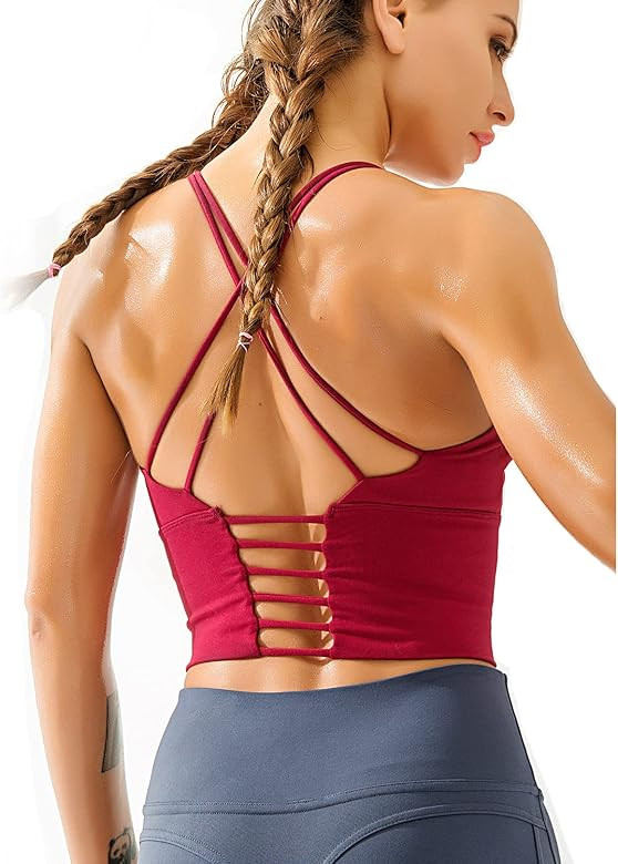 Redqenting Longline Sports Bra for Women with Removable Padded,Sexy Criss Cross Back Strappy Yoga Br | Amazon (US)