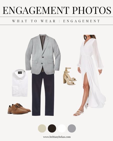Neutral engagement photo outfits. These outfits would be perfect for any environment or location because they are classic and neutral. 

White engagement dress - men's engagement photo outfits - couple outfits - rehearsal dinner outfits - engagement party outfits / men's sport coat - men's fashion - white long sleeve dress 

#LTKfindsunder100 #LTKmens #LTKstyletip