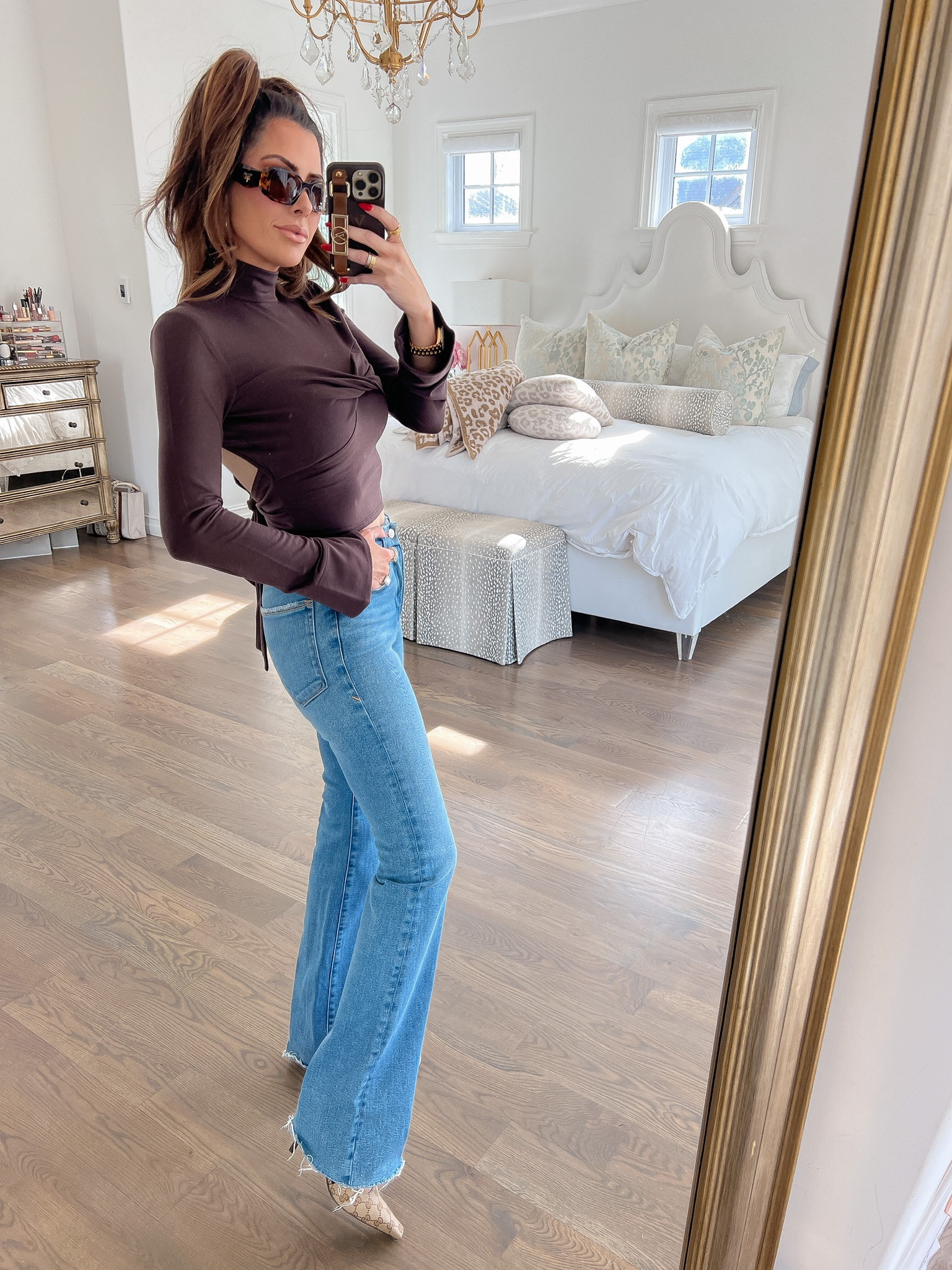 Casual Outfit, Reformation Top, Tie Back Top, Date Night Outfit, Good American Jeans, Flare Jeans, Gucci Heels, Winter Outfit, Emily Ann Gemma 

#LTKshoecrush #LTKstyletip