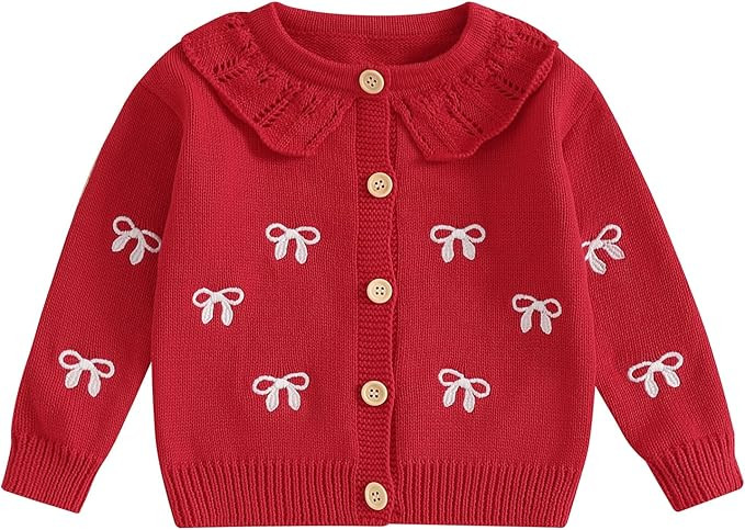 Baby Girl Bow Sweater Cardigan Open Front Button Down Long Sleeve Knitwear Coat Toddler Fall Spri... | Amazon (US)