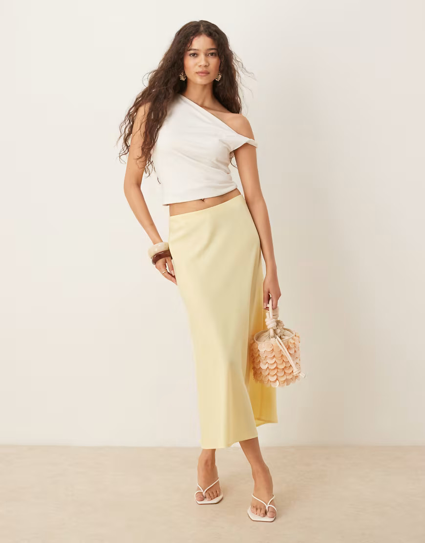 YAS satin midi skirt in pale yellow | ASOS (Global)