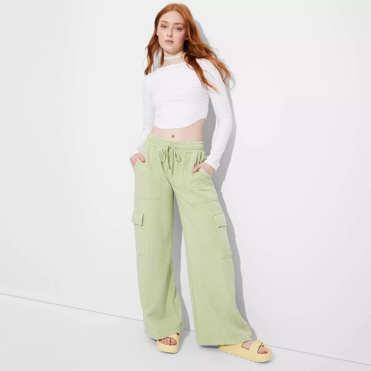 Women's High-Rise Wide Leg Baggy Cargo Sweatpants - Wild Fable™ Sage Green S | Target
