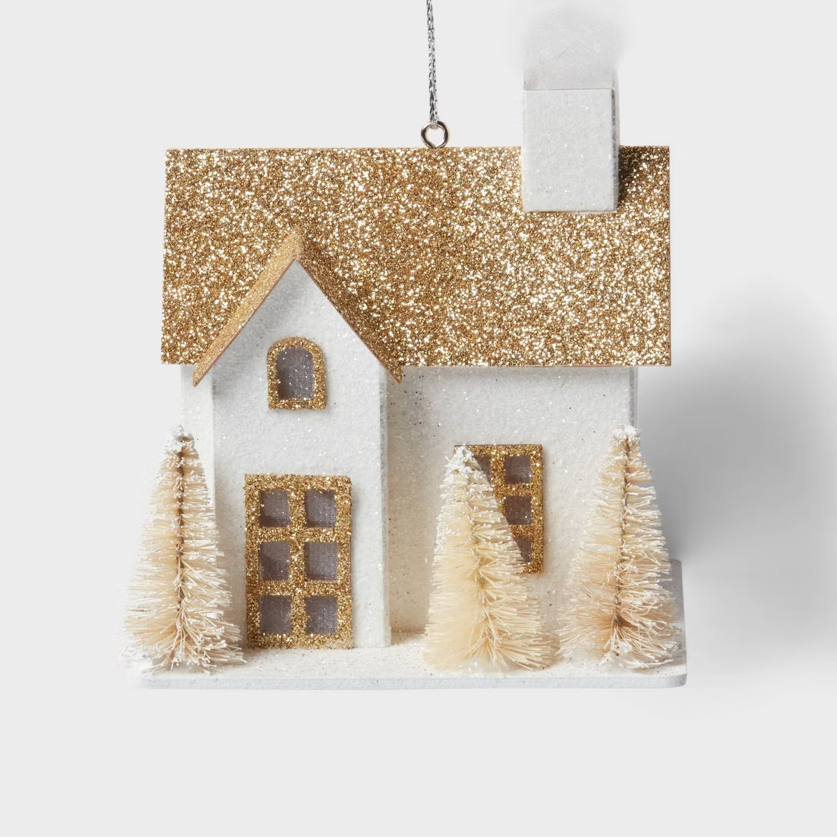 Glittered Paper House with Gold Roof and Bottle Brush Trees Christmas Tree Ornament White - Wonde... | Target