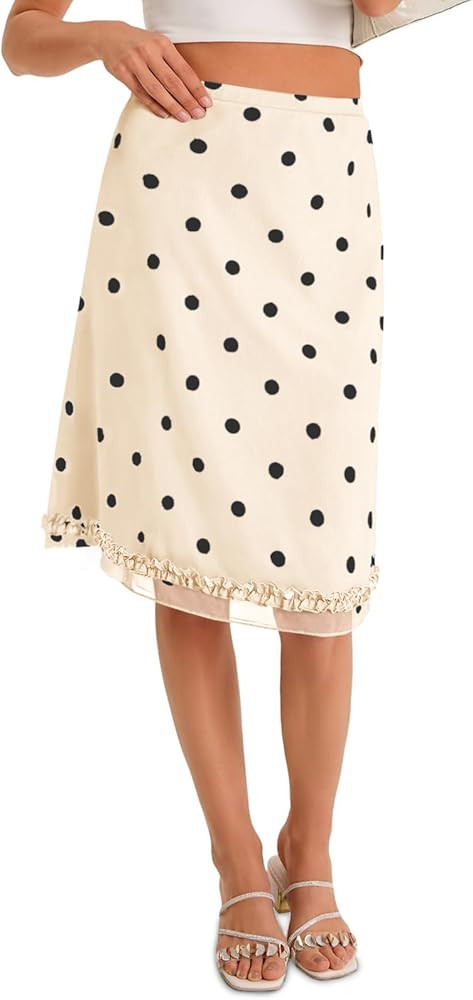 Yousify Womens Polka Dot Midi Skirt Going Out Low Rise Skirts Mesh Ruffle Hem Casual Skirt | Amazon (US)