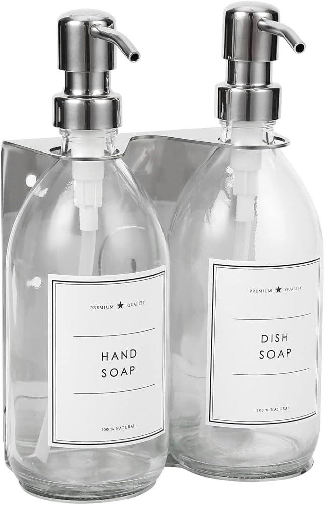 Glass Soap Dispenser Wall Mounted, No-Drill Wall Mounted Shower Soap Dispenser, Hand Soap Dispenser with Adjustable Stainless Steel Holder for Bathroom and Kitchen (Silver 2 Chamber) | Amazon (US)
