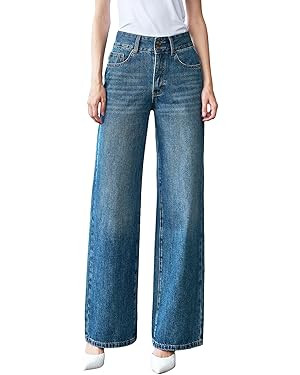 Women’s High Waisted Baggy Jeans – Stretchy Wide Leg Tummy Control Straight Leg Denim Pants T... | Amazon (US)