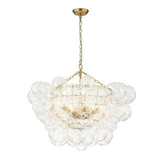 HUOKU Neuvy 33 in.W 8-Light Brushed Gold Cluster Chandelier with Petal Ribbed Glass Shades for St... | The Home Depot