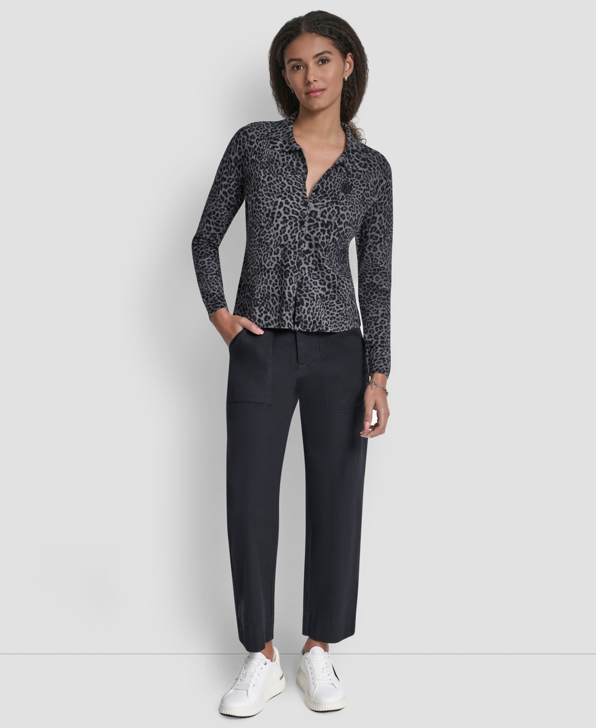Dkny Jeans Women's Mini Leopard Print Cardigan Top - Strom Gray Combo | Macy's