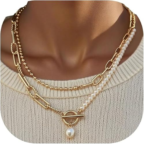 Gold Layered Pearl Chain Necklace for Women, 14K Gold Plated Pearl Link Toggle Clasp Necklace, Da... | Amazon (US)