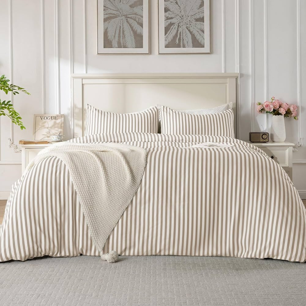 ROSE&RISY Duvet Cover Set King Size, Linen Grey Striped Comforter Cover with Button Closure, Brea... | Amazon (US)