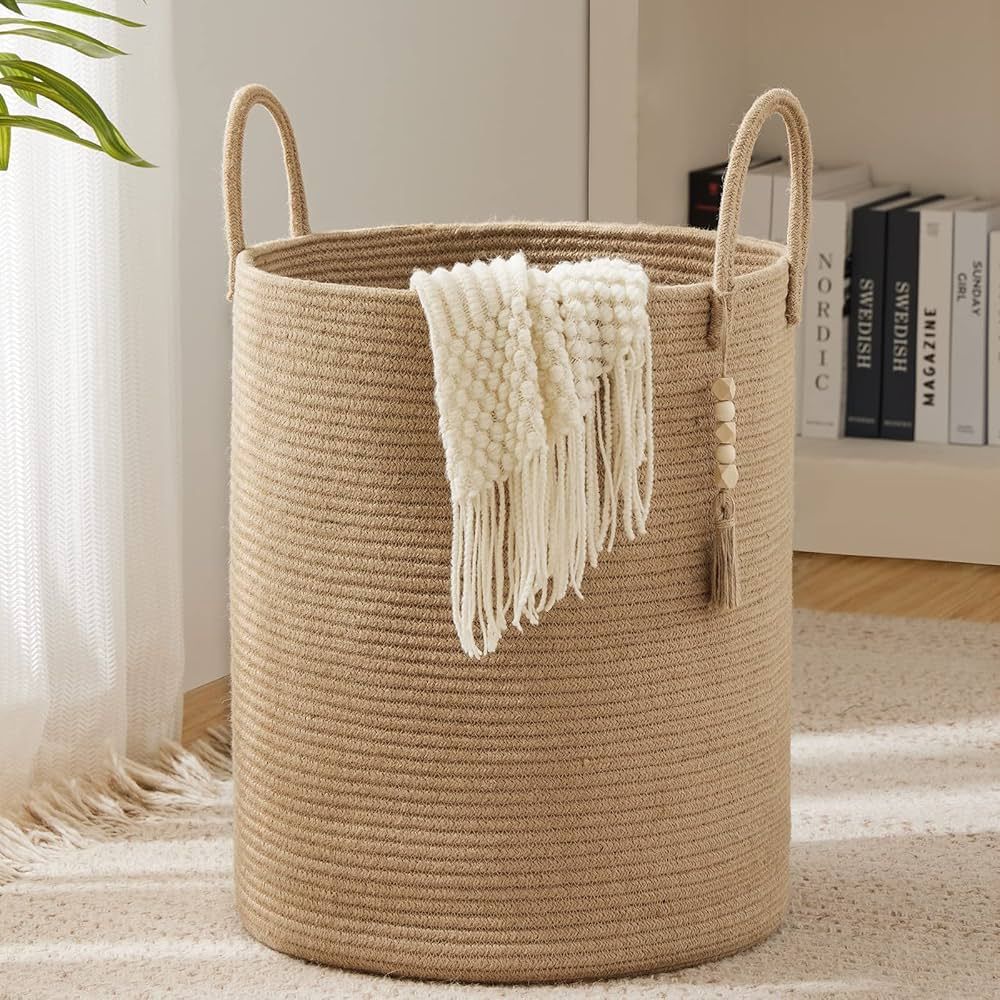 YOUDENOVA Jute Rope Laundry Hamper Basket, 58L Tall Woven Collapsible Baskets for Blanket Organiz... | Amazon (US)