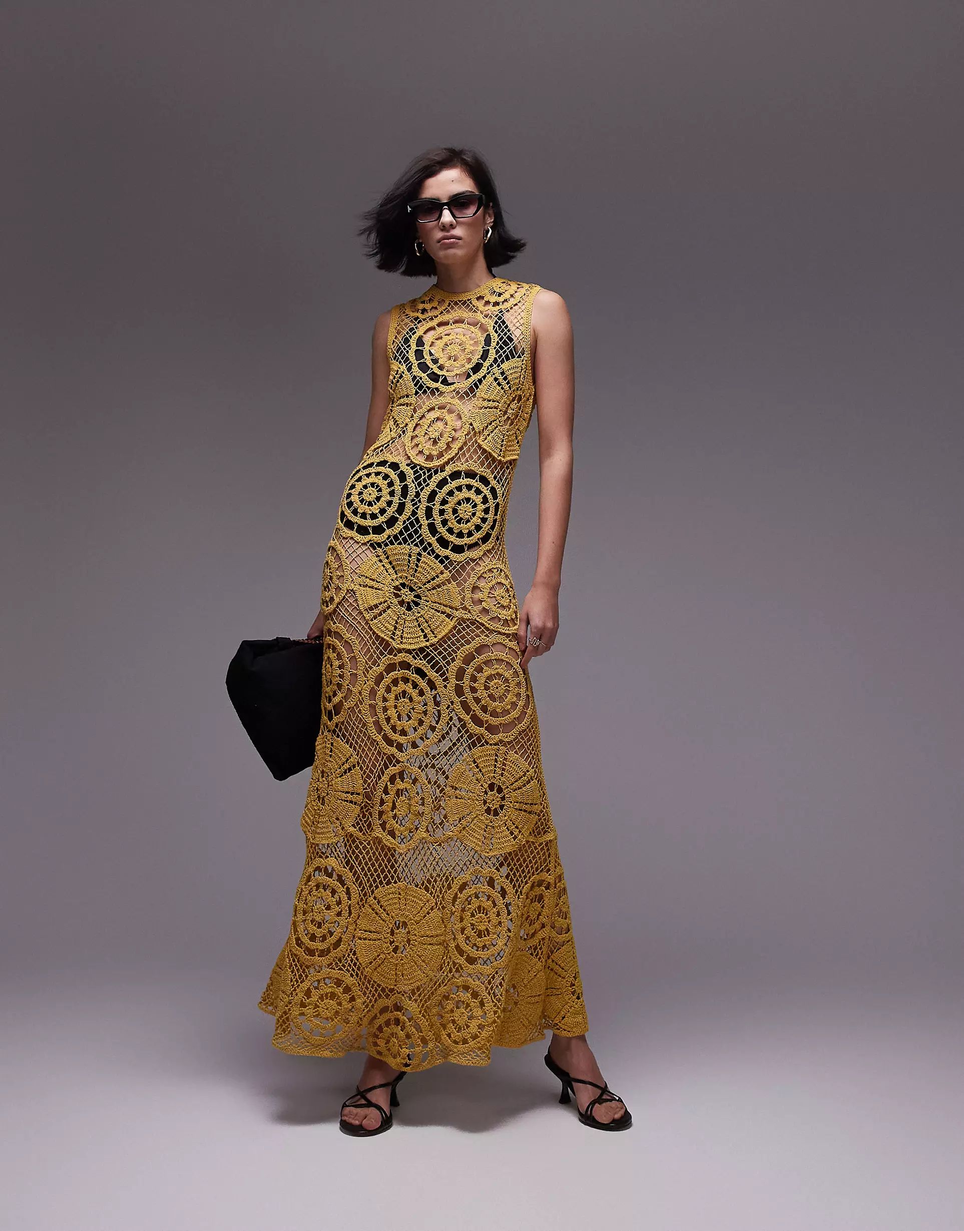 Topshop knitted crochet sleeveless maxi dress in mustard | ASOS | ASOS (Global)