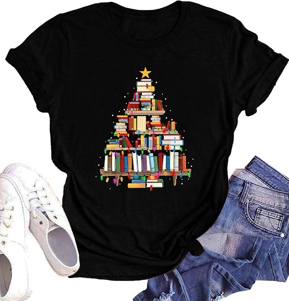 hohololo Christmas Shirts Women Christmas Book Tree T-Shirt Book Lovers Xmas Holiday Reading Tee ... | Amazon (US)