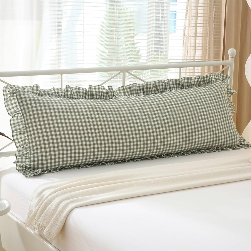 Sage Green White Plaid Gingham Body Pillow Cover with Ruffles 20x54 inches, 100% Cotton Rustic Fr... | Amazon (US)