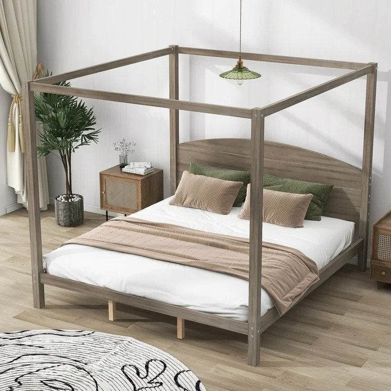 EUROCO Wood King Size Canopy Bed Frame, Solid Wood Platform Bed with Support Legs for Kids Teens ... | Walmart (US)