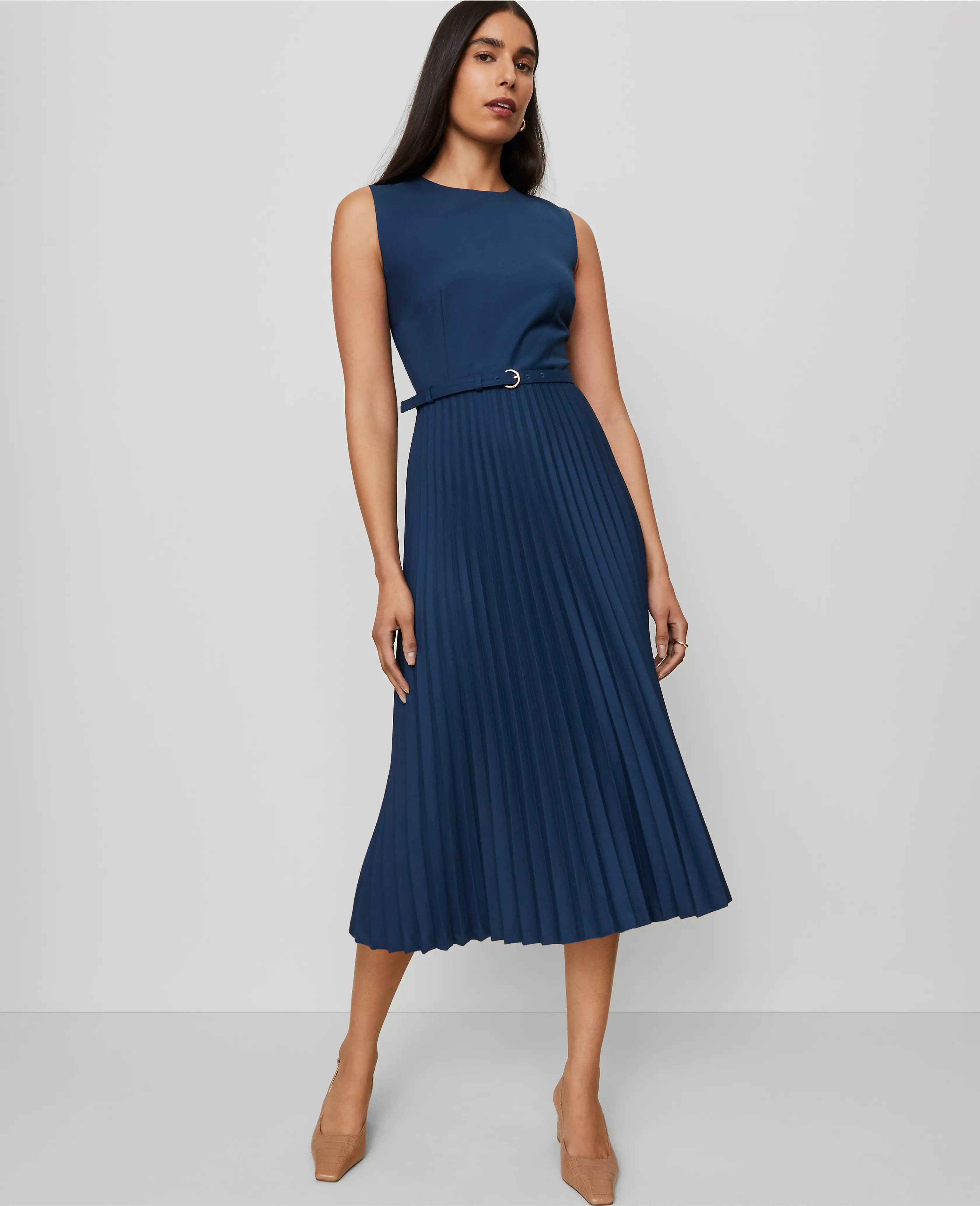 Belted Pleated Midi Dress | Ann Taylor