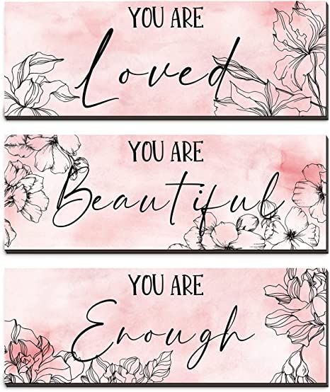 3 Pieces Floral Wooden Wall Hanging Wall Art Positive Quotes You Are Loved You Are Beautiful You ... | Amazon (US)