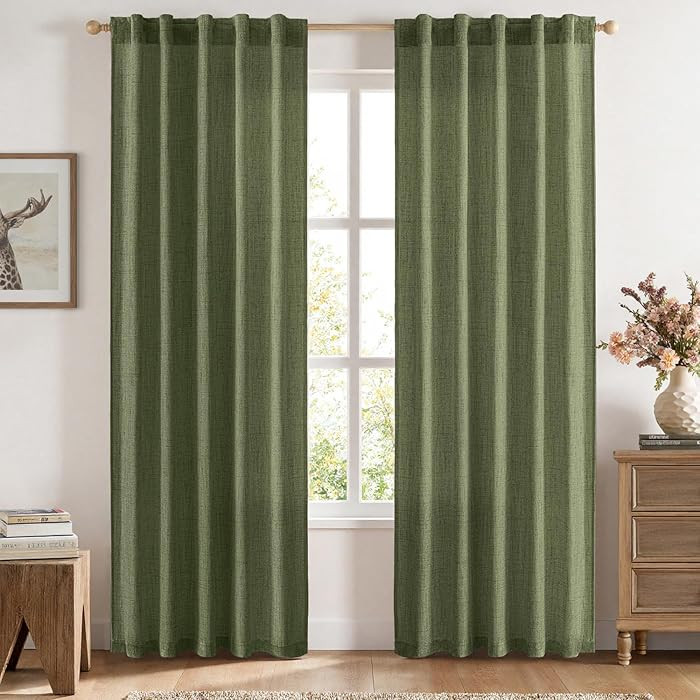MIULEE Faux Linen Curtains 84 Inch Length 2 Panels Natural Olive Green Semi Sheer Curtain with Ba... | Amazon (US)