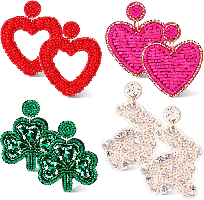 Hotop 4 Pairs Valentine's Day Beaded Drop Earrings Heart Hoop Dangle Earrings Bohemia Heart Earri... | Amazon (US)