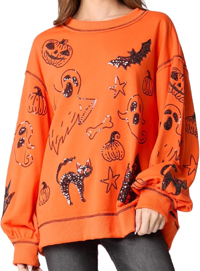 Muineobuka Women Sequin Halloween Sweatshirts Long Sleeve Sparkle Glitter Pumpkin Ghost Halloween... | Amazon (US)
