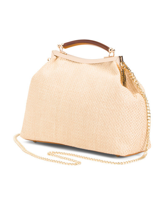 Made In Italy Leather Kiss Lock Crossbody With Raffia Detail | TJ Maxx