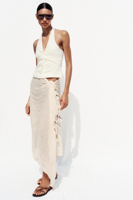 LINEN SCARF WITH POM POMS | Zara US