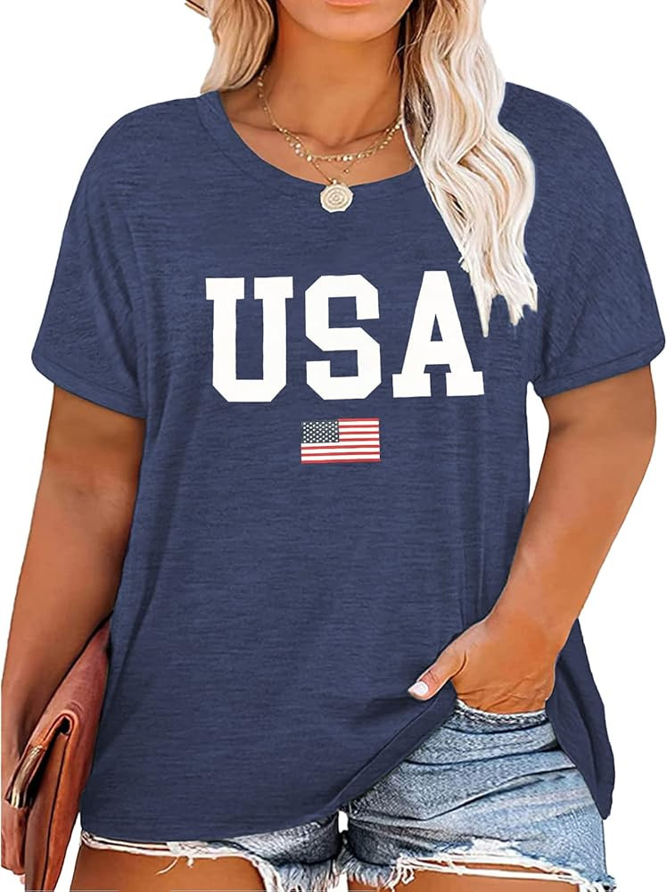 Plus Size USA Flag Shirt for Women 4th of July American Flag Print Tee Tops Short Sleeve Patrioti... | Amazon (US)