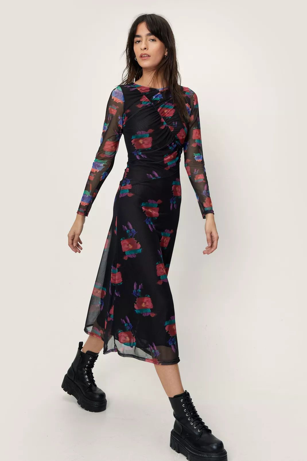 Floral Print Mesh A Line Midi Dress | Nasty Gal (US)