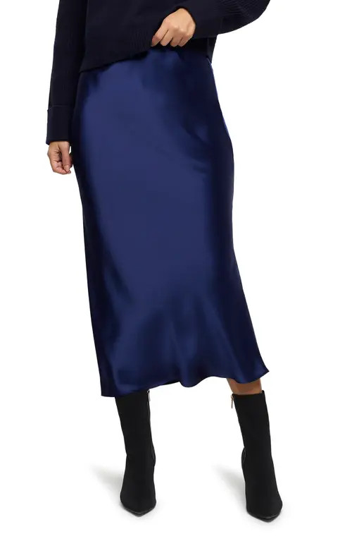 River Island Bias Cut Satin Maxi Skirt in Navy at Nordstrom, Size 6 | Nordstrom