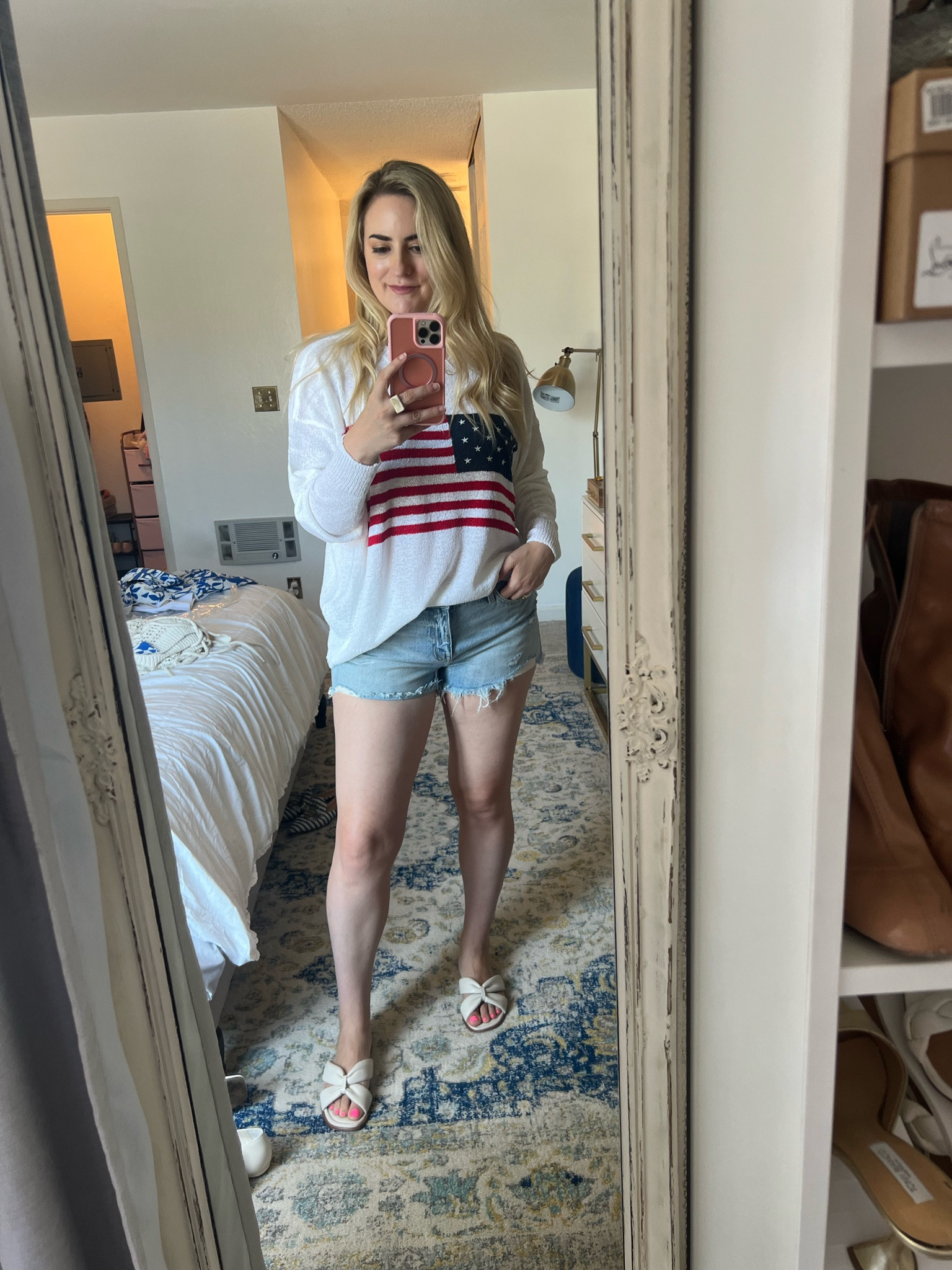 Red white and blue sweater for the 4th of July | denim shorts | sandals | 4th of July outfits | USA flag sweater | 4th of July sweater 