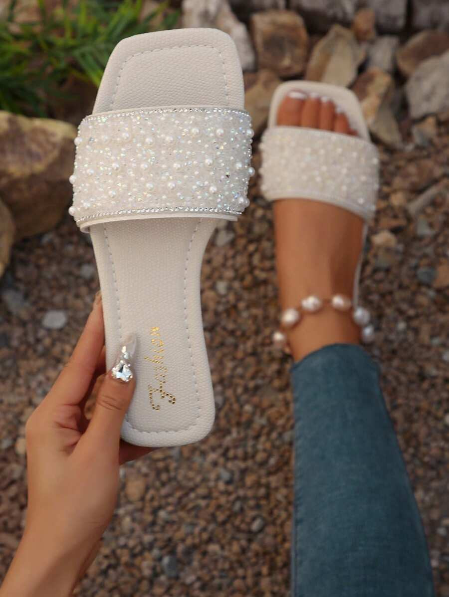 Plus Size Women Student Sandals Slip-On Flats Summer New Silver Square Toe Ladies Sandals Rhinest... | SHEIN
