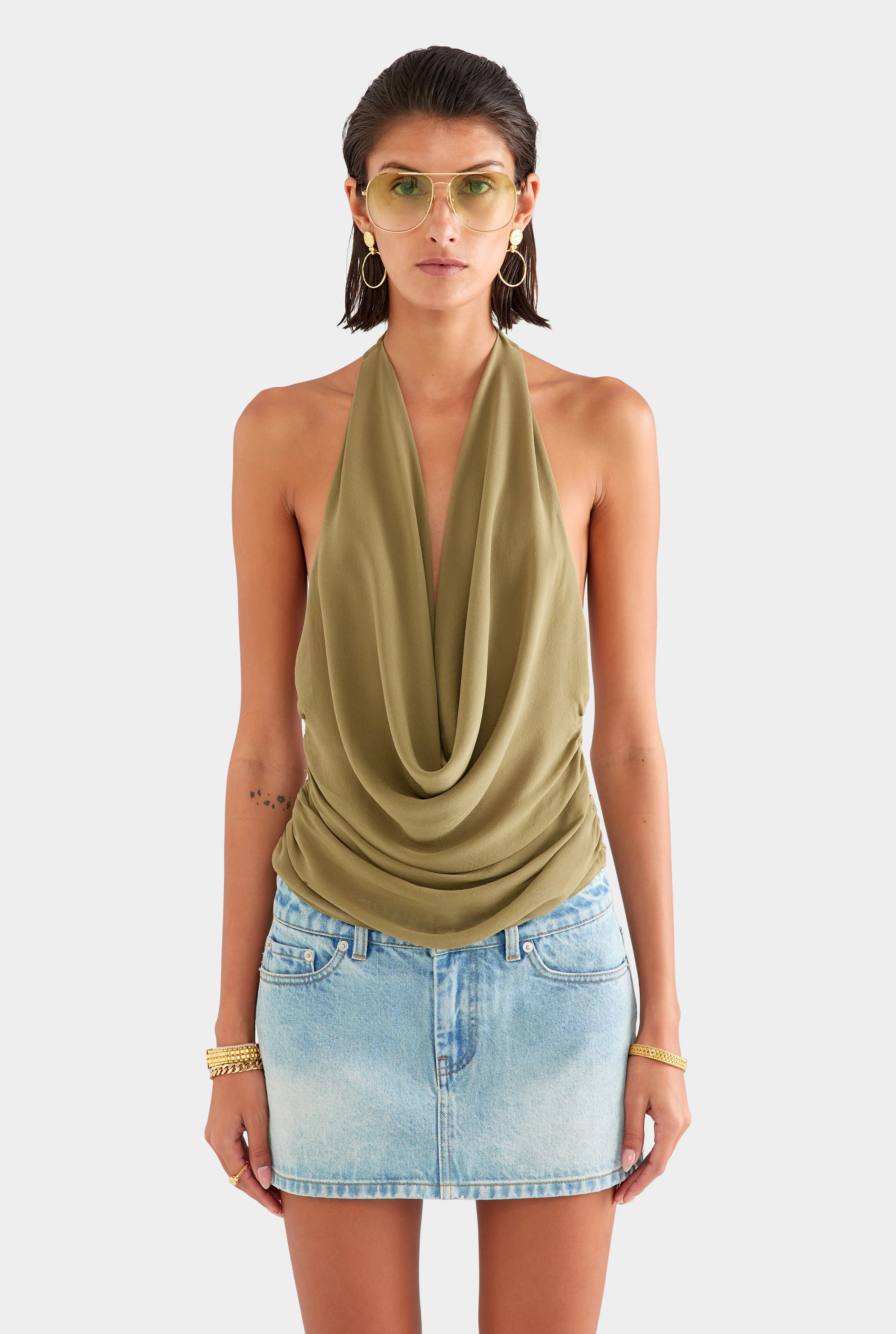 Womens Deep Cowl Sheer Silk Halter in Olive | Venroy | Venroy AU