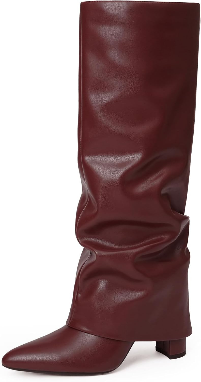 Knee High Boots Women Fold Over Boots Chunky Heel Pointed Toe Tall Boots | Amazon (US)