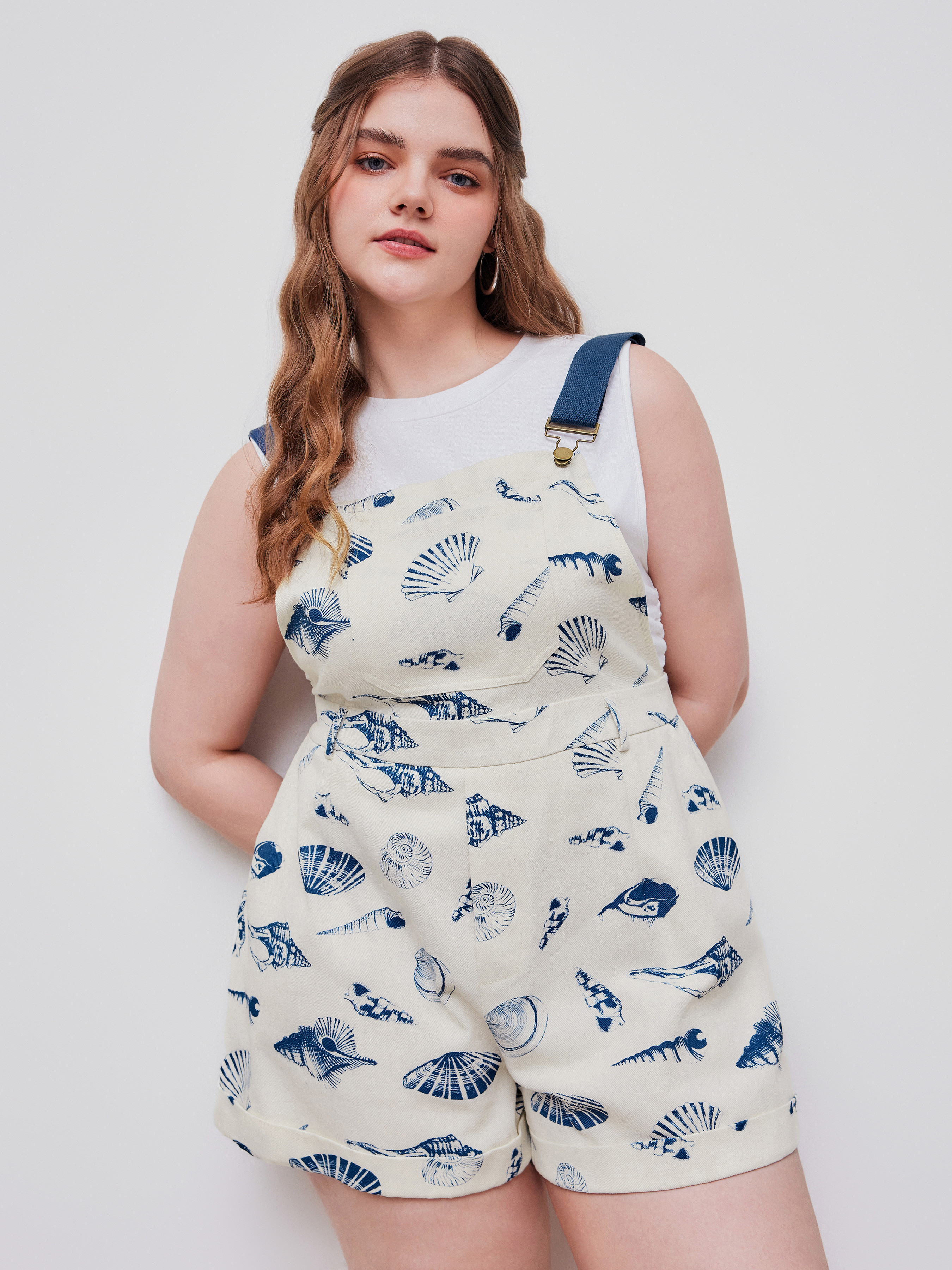 100% Cotton Shell Graphic Roll Hem Pocket Romper Curve & Plus | Cider