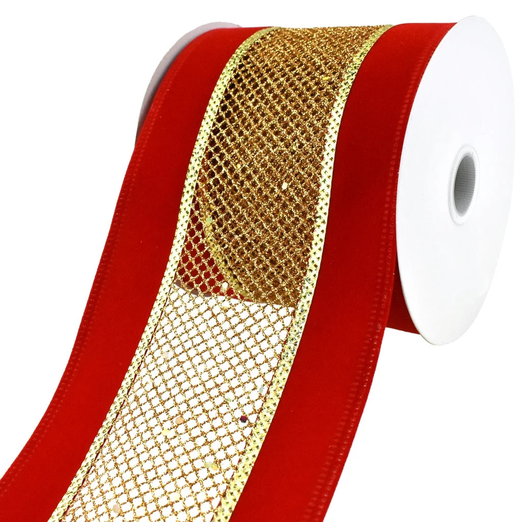 Mesh Velvet Wired Edge Christmas Ribbon, 4-Inch, 10-Yard - Red/Gold | Walmart (US)