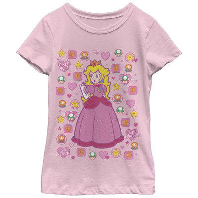 Girl's Nintendo Princess Peach Girls Rule  T-Shirt - Light Pink - Large | Target