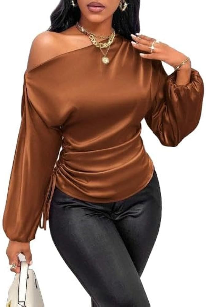 Women Off Shoulder Satin Blouse Asymmetrical Tops Ruched Long Sleeve Dressy Party Shirt Elegant C... | Amazon (US)