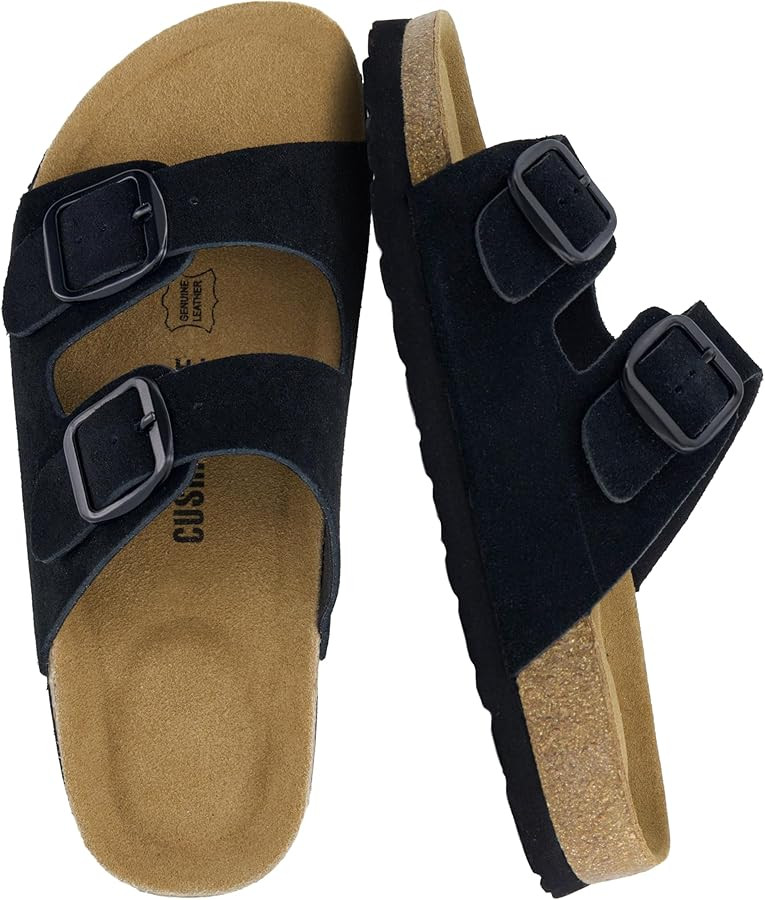 CUSHIONAIRE Logo 100% Genuine Leather Suede Slides for Women, Cushioned Cork Footbed Womens Sanda... | Amazon (US)