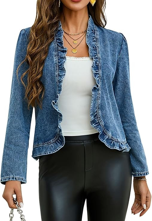 Women's Ruffled Denim Jackets Long Sleeve Open Front Jean Cropped Top Coat 2025 Trendy Jean Jacke... | Amazon (US)