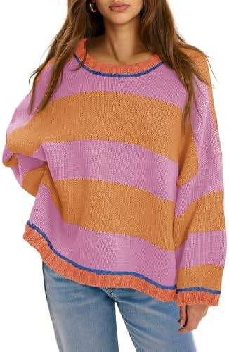 Fisoew Womens Oversized Sweaters Casual Long Sleeve Striped Color Block Crewneck Knitted Loose Fa... | Amazon (US)